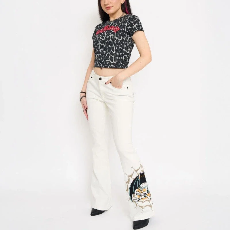 Bat Skull Embroidered Low Waist Bootcut Jeans Bat Skull Embroidered Low Waist Bootcut Jeans