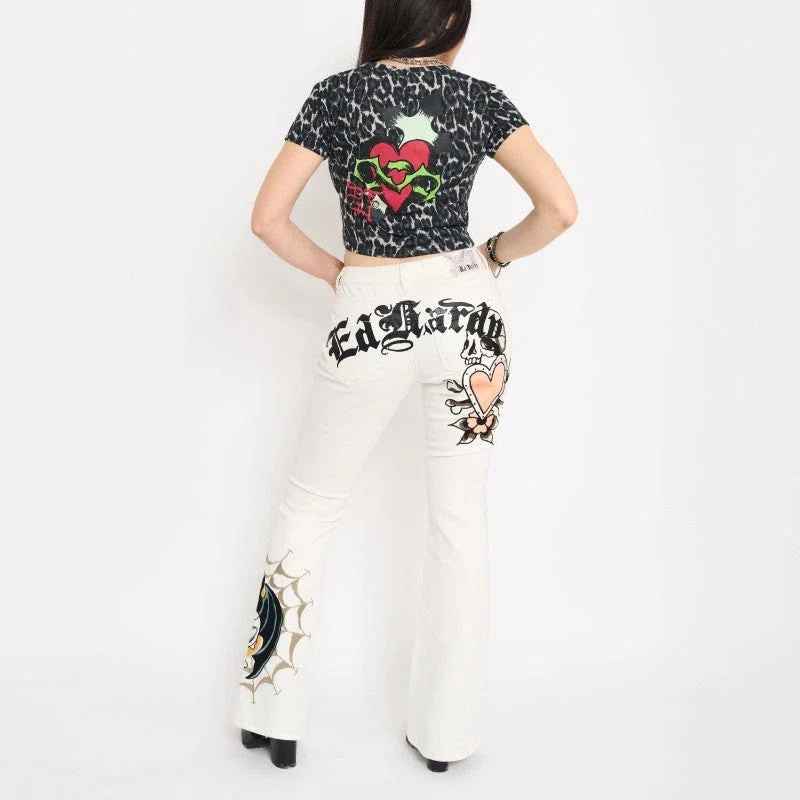 Bat Skull Embroidered Low Waist Bootcut Jeans Bat Skull Embroidered Low Waist Bootcut Jeans