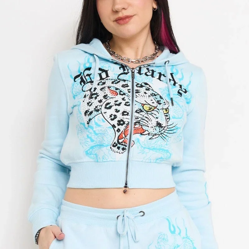 Blue Leopard Rhinestone Zip Front Hoodie Blue Leopard Rhinestone Zip Front Hoodie