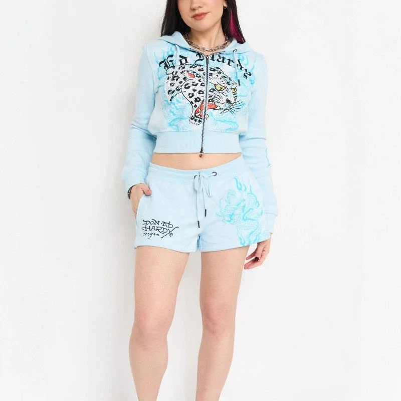Blue Leopard Y2K Rhinestone Fleece Shorts Blue Leopard Y2K Rhinestone Fleece Shorts