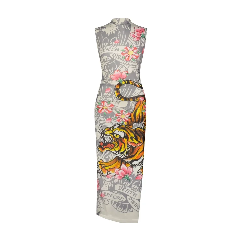 Crawling Tiger Print Mesh Maxi Dress Crawling Tiger Print Mesh Maxi Dress
