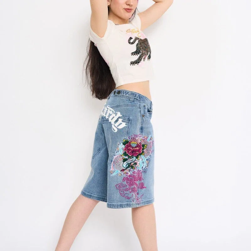 Flower Diamond Embroidered Denim Shorts Flower Diamond Embroidered Denim Shorts