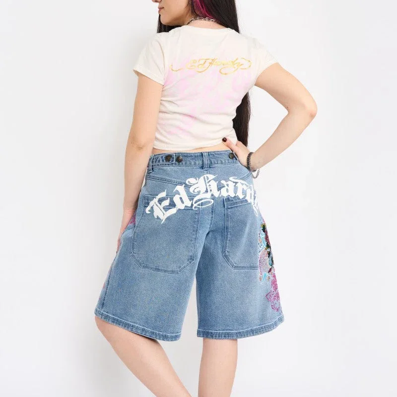 Flower Diamond Embroidered Denim Shorts Flower Diamond Embroidered Denim Shorts