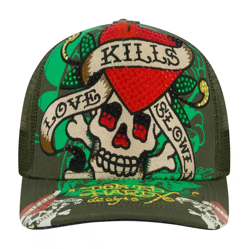 LKS Skull Rhinestone Trucker Hat – Olive LKS Skull Rhinestone Trucker Hat – Olive